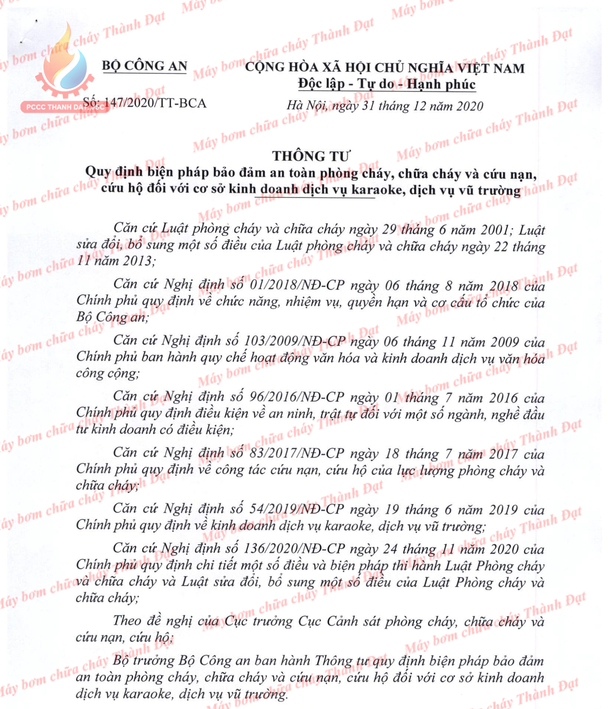 Thông tư 147/2020/TT-BCA về PCCC đối với cơ sở kinh doanh karaoke, vũ trường Thông tư 147/2020/TT-BCA về PCCC đối với cơ sở kinh doanh karaoke, vũ trường